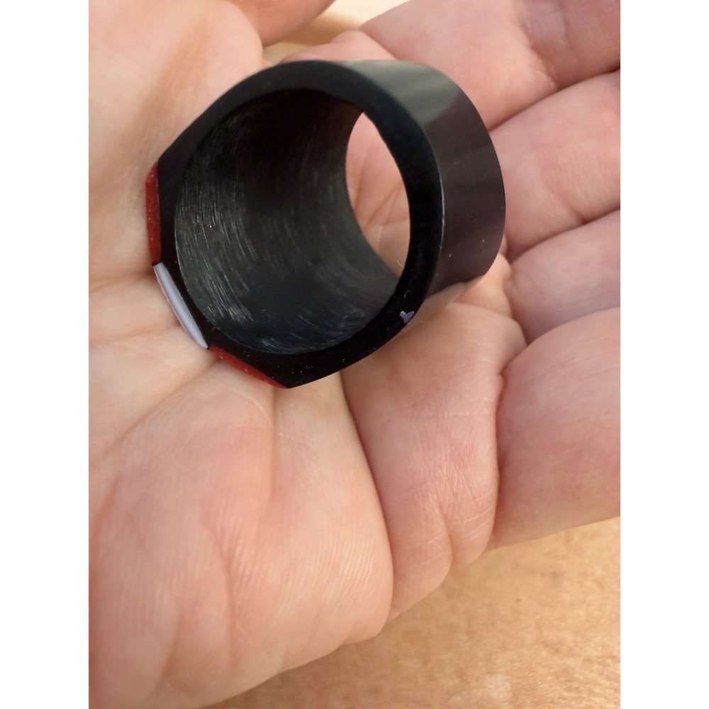 Horn Artisan Mosaic Statement L 8.5 Ring Red White Blk Inlay Geometric Cocktail - Picture 6 of 12